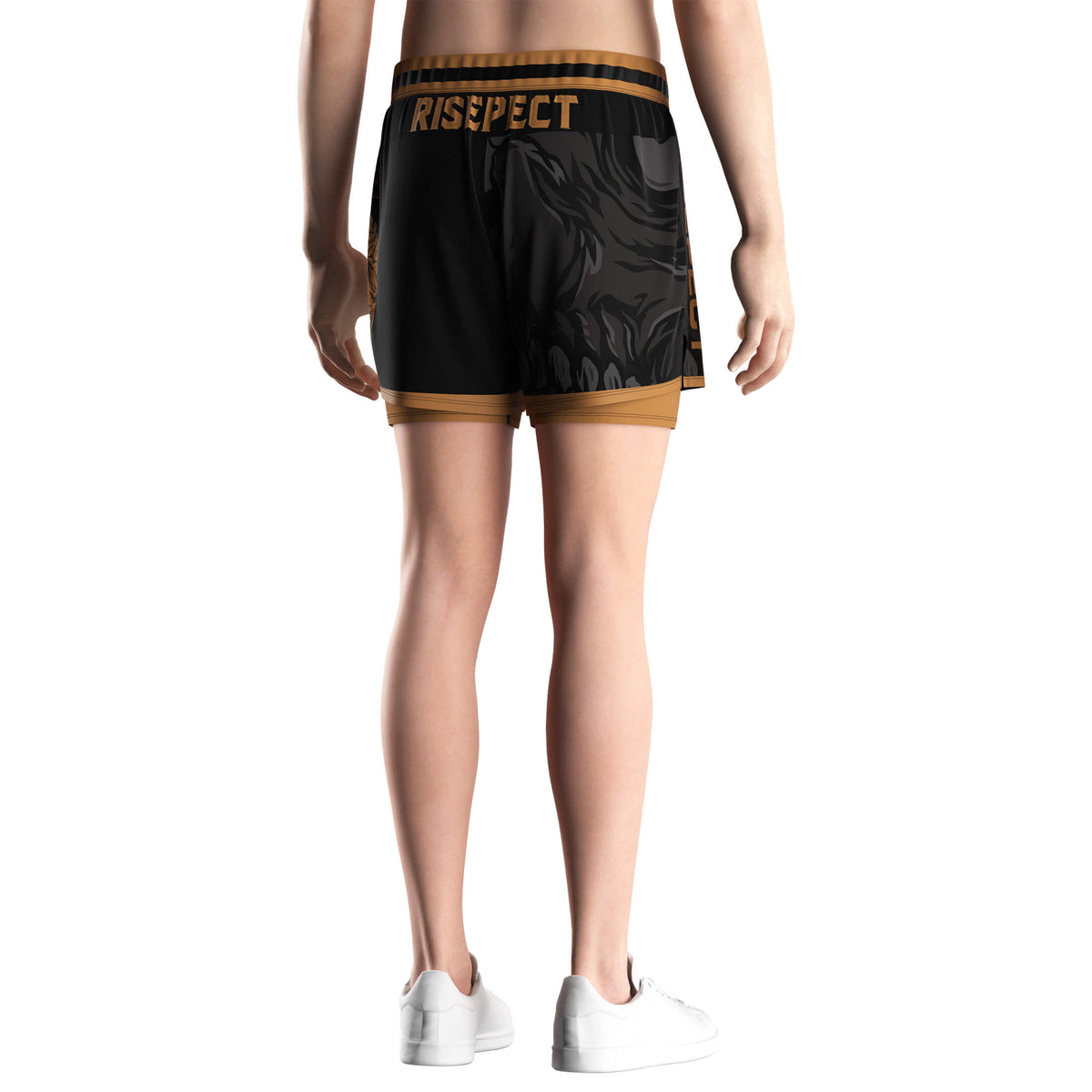 Male Model in Bright Brown 2 in 1 Skull Style BJJ MMA Shorts - back