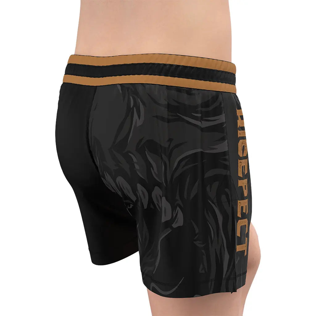 Male Model in Bright Brown High Slit Skull BJJ MMA Hybrid Shorts Right Back View