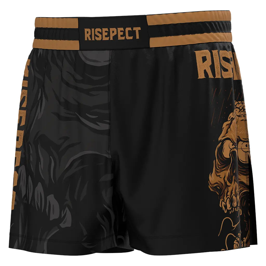 The Left Front View of Bright Brown High Slit Skull BJJ MMA Hybrid Shorts