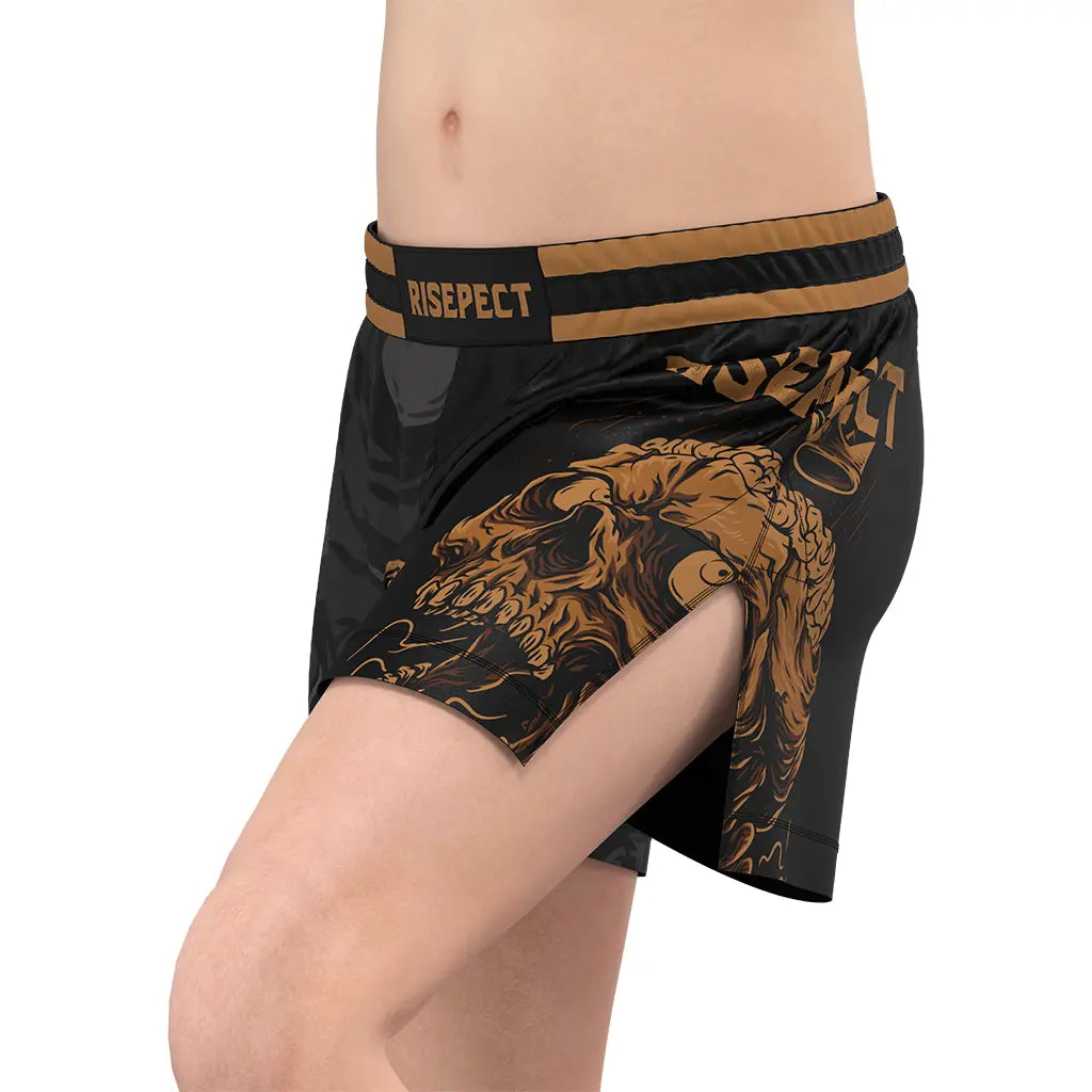 Male Model in Bright Brown High Slit Skull BJJ MMA Hybrid Shorts Left Front View