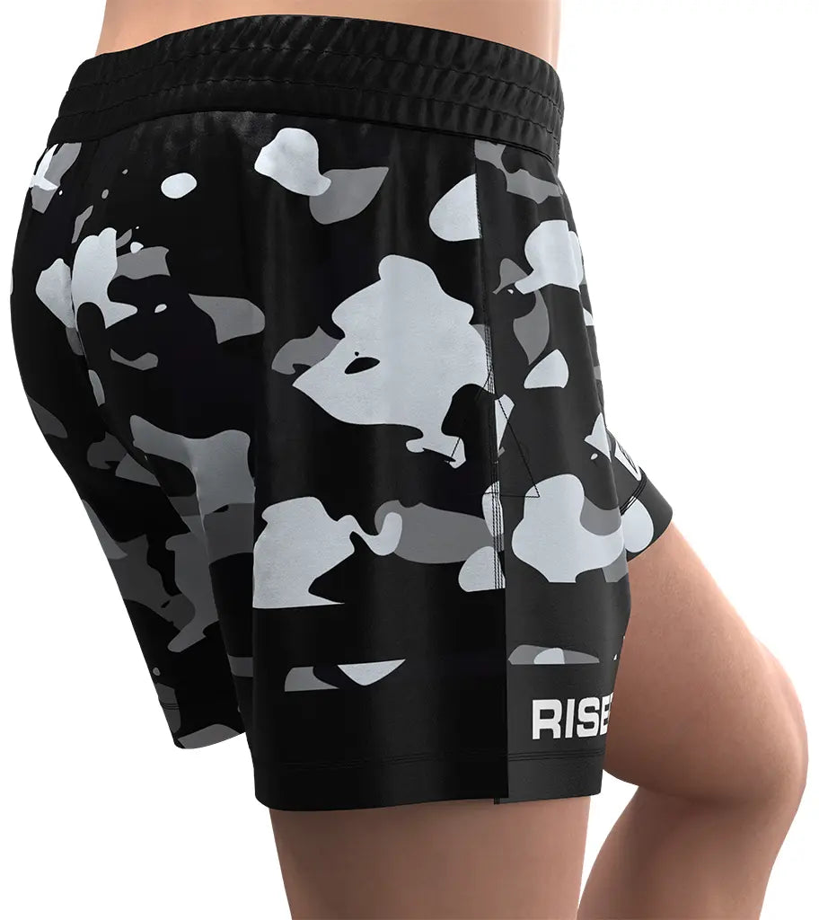 Male Model in Camo High Slit Stone Markings BJJ MMA Hybrid Shorts Right Side View