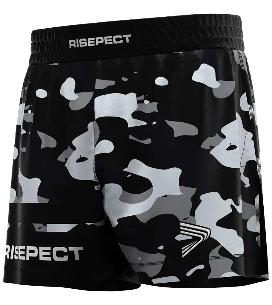 The Left Front View of Camo High Slit Stone Markings BJJ MMA Hybrid Shorts