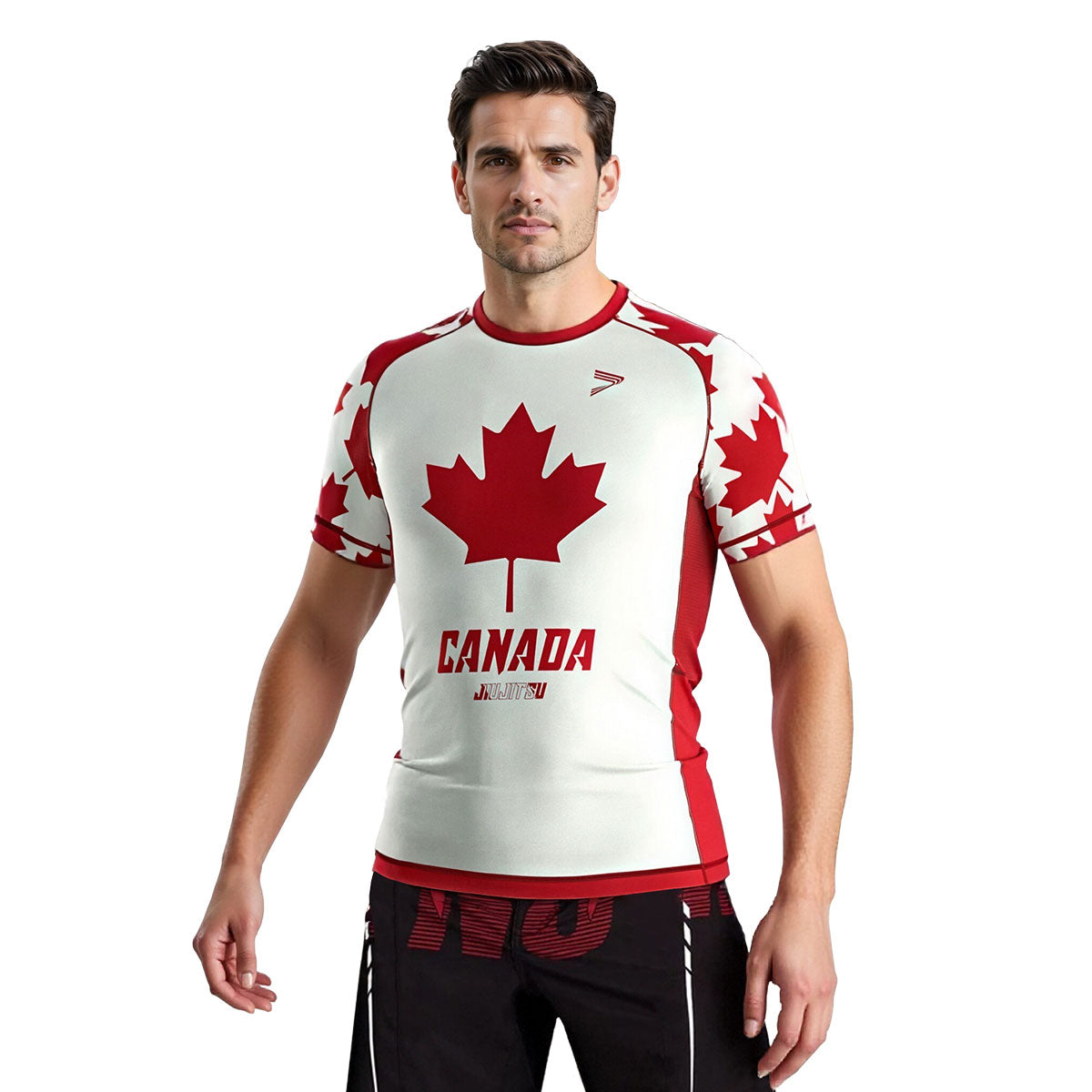 Canada Flag Rash Guard with Red Maple Leaf White Short Sleeve