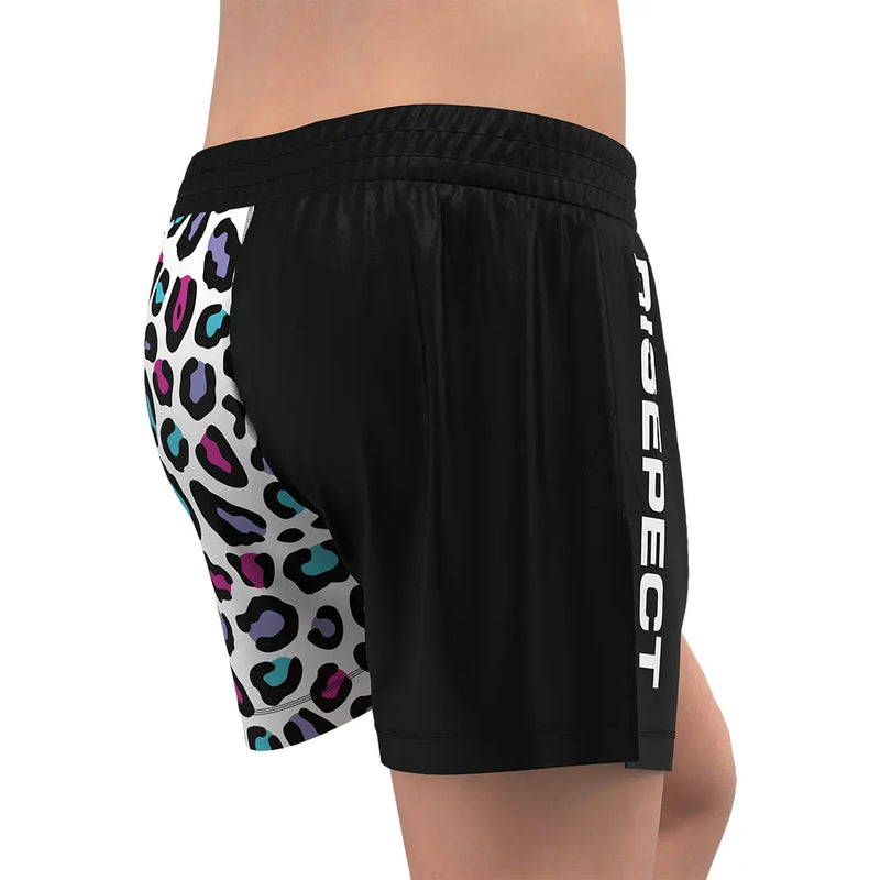 Male Model in Colorful High Slit Panther Pulse BJJ MMA Hybrid Shorts Right Back View