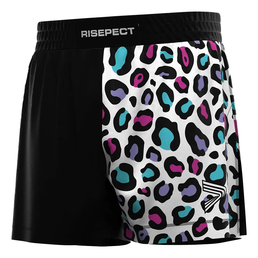 The Left Front View of Colorful High Slit Panther Pulse BJJ MMA Hybrid Shorts