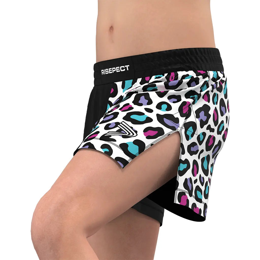 Male Model in Colorful High Slit Panther Pulse BJJ MMA Hybrid Shorts Left Front View