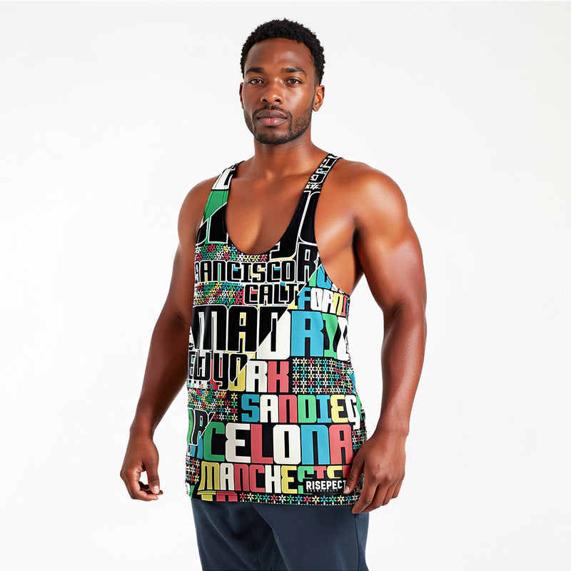 Male Model in Colorful Letters Mens Gym Stringer white Vests Workout