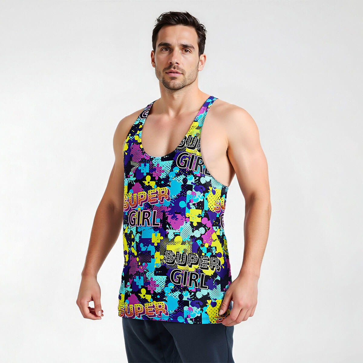 Male Model in Colorful Puzzle Print Gym Stringer Tank for Men