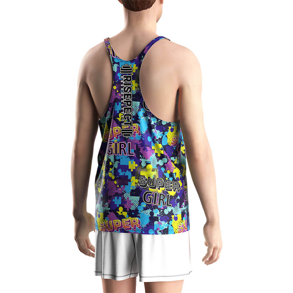 Male Model in Colorful Puzzle Print Gym Stringer Tank for Men - backview