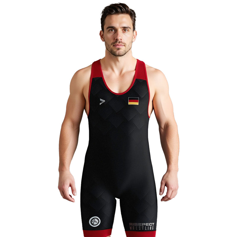 Male Model in Crimson Edge Vector German Elite Gradient Wrestling Singlet 3.0 - front