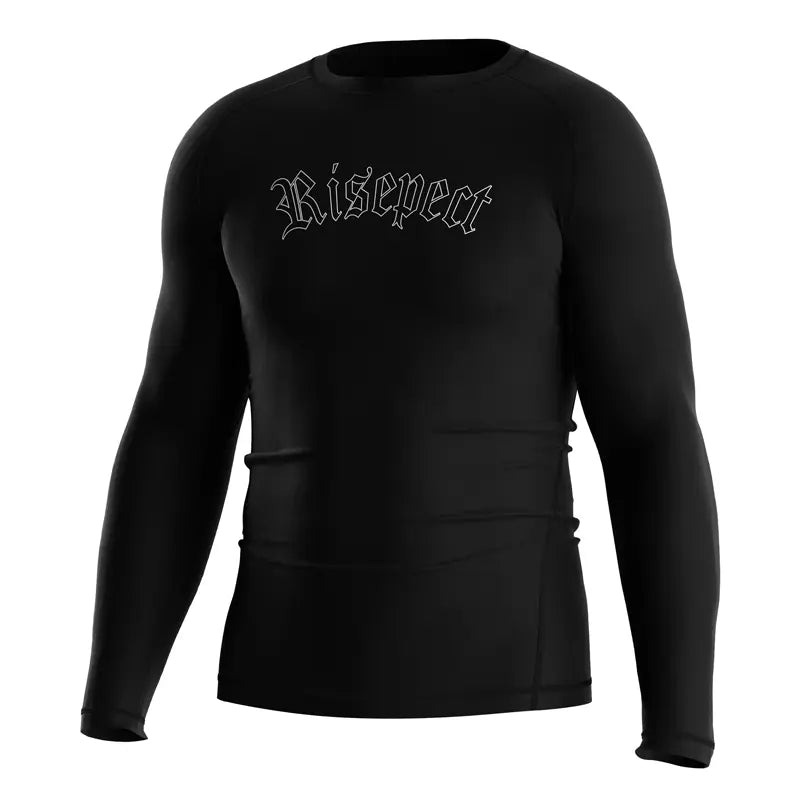 The Left Front View of Crimson Pact Gothic Text Rash Guard 3.0 Long Sleeve Ritual Wear