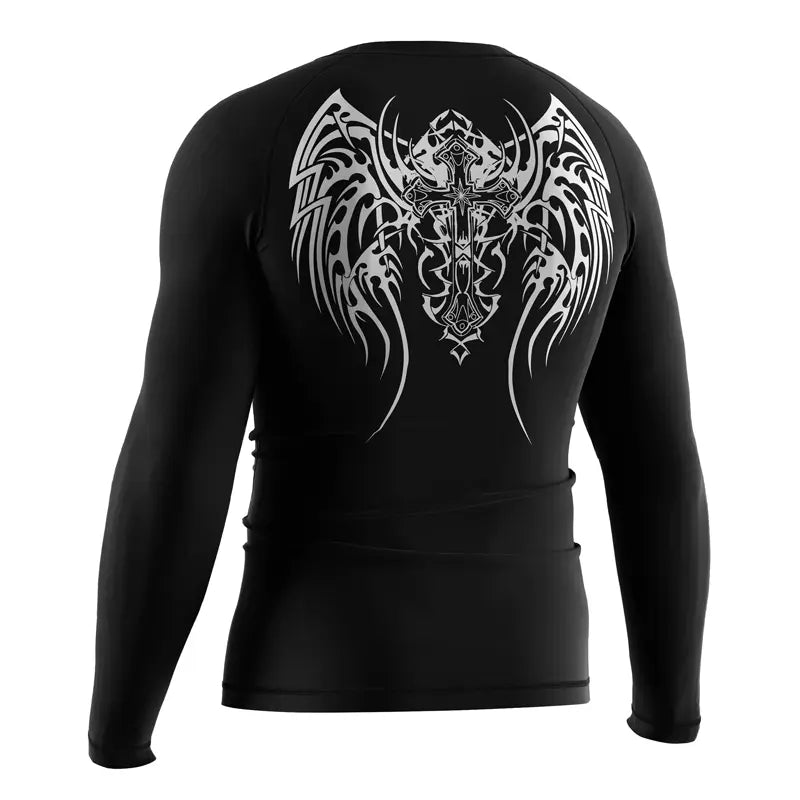 The Left Back View of Crimson Pact Gothic Text Rash Guard 3.0 Long Sleeve Ritual Wear
