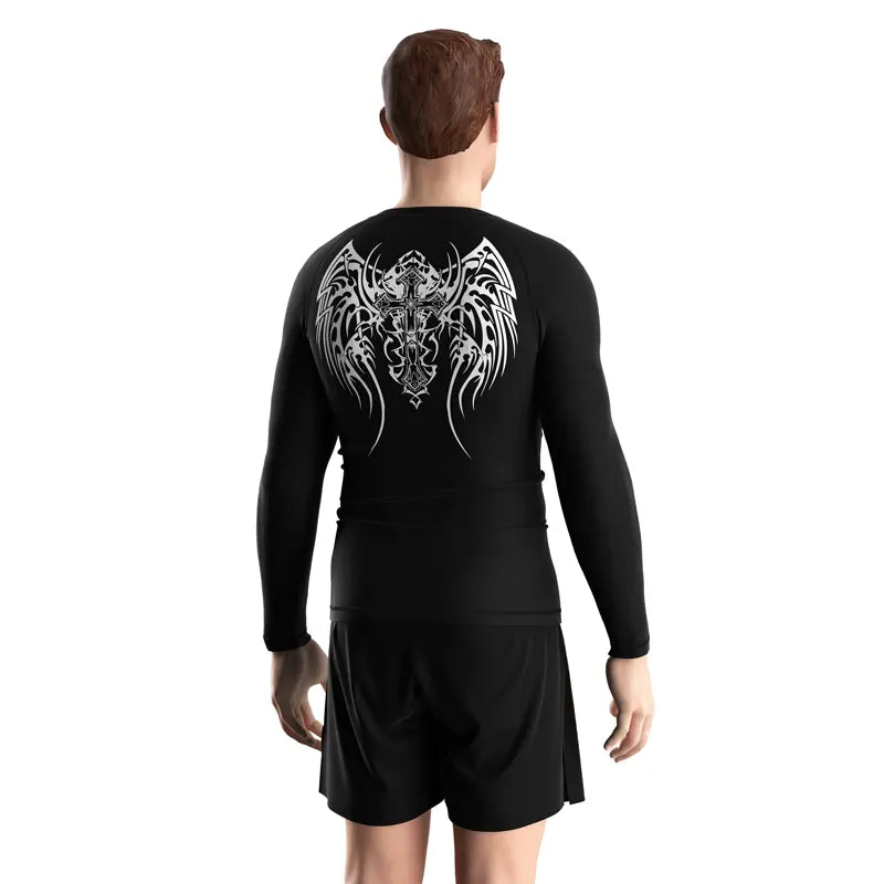 Male Model in Crimson Pact Gothic Text Rash Guard 3.0 Long Sleeve Ritual Wear Back View