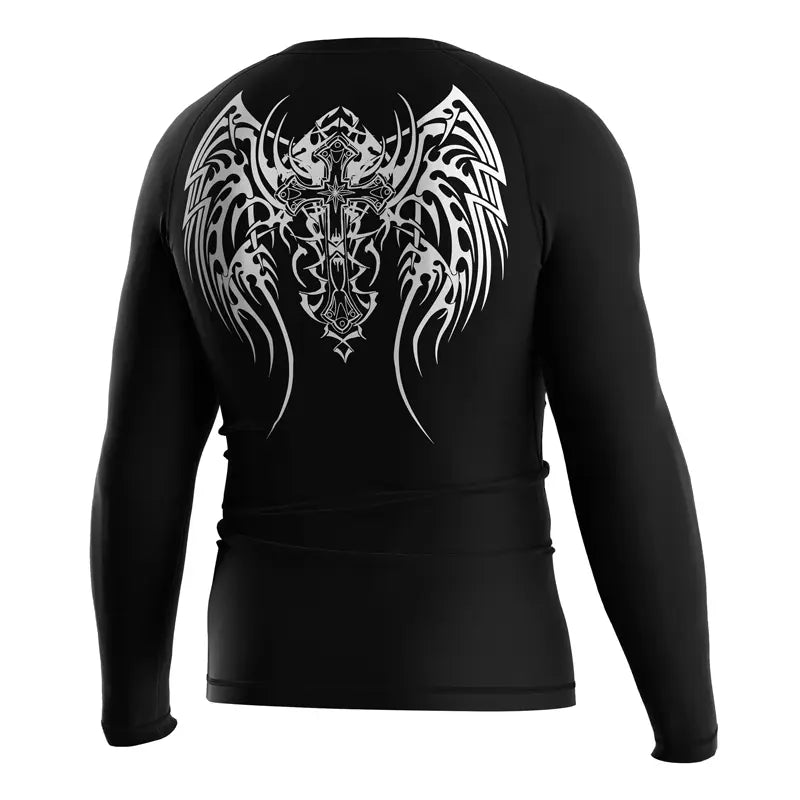 The Right Back View of Crimson Pact Gothic Text Rash Guard 3.0 Long Sleeve Ritual Wear