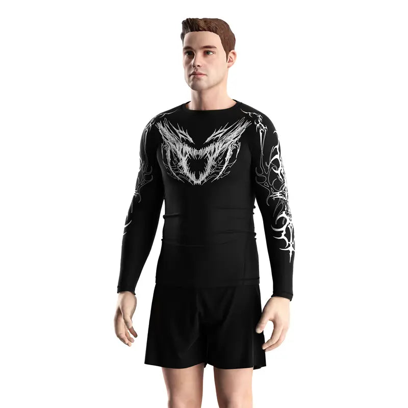 Male Model in Fangshade Revenant Beast Face Rash Guard 3.0 Gothic Predator Front View