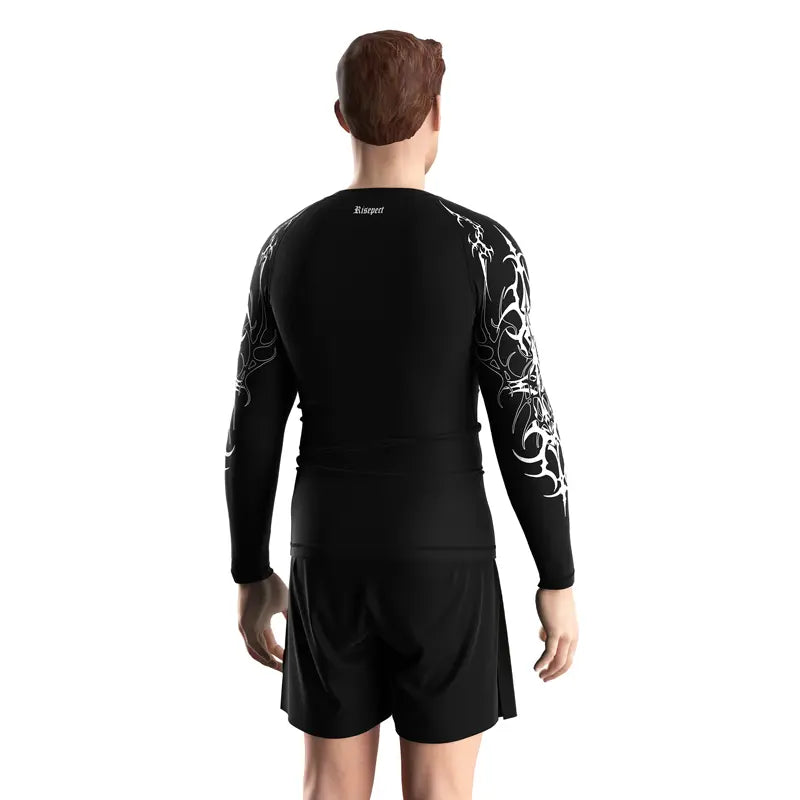 Male Model in Fangshade Revenant Beast Face Rash Guard 3.0 Gothic Predator Back View