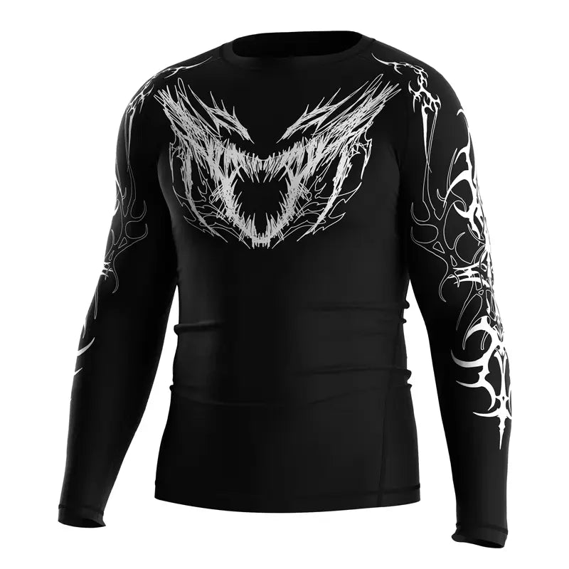The Left Front View of Fangshade Revenant Beast Face Rash Guard 3.0 Gothic Predator