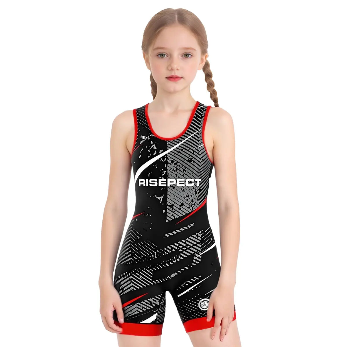 Girl wrestling singlet black and red dynamic lines