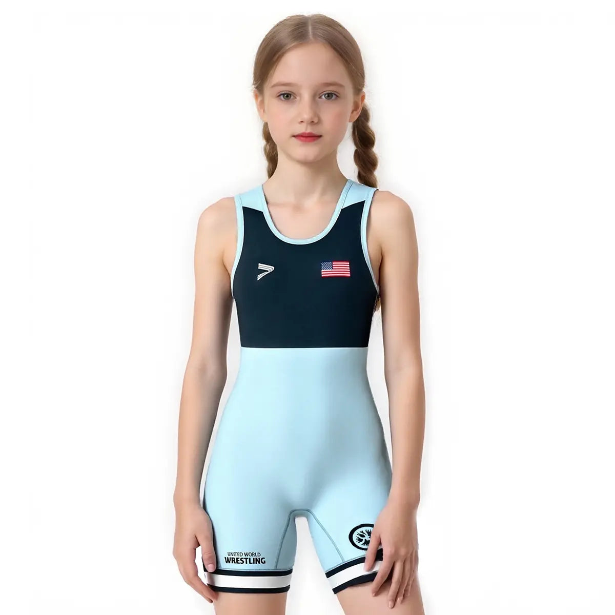 Girl wrestling singlet ice blue and black contrast