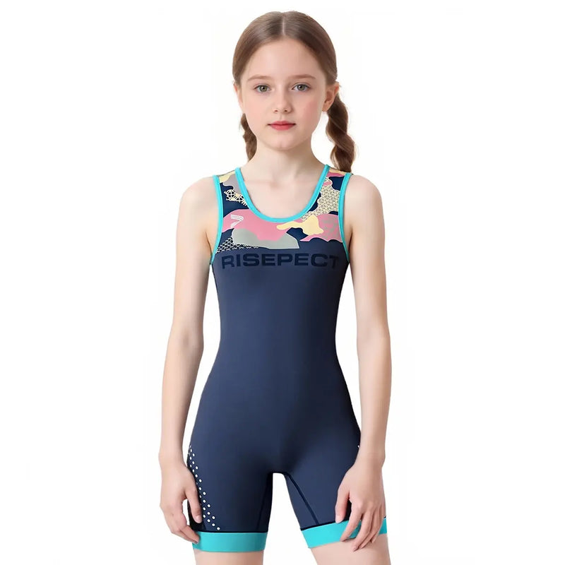 Girl's Wrestling Singlet – Navy with Camouflage Accents
