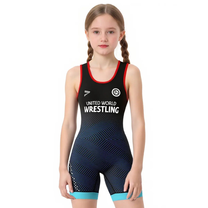Girl's Wrestling Singlet – Black & Blue Stripes Dots