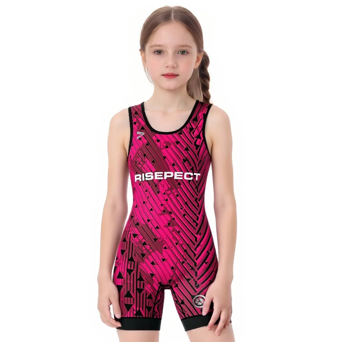 Girl's Wrestling Singlet – Magenta with Abstract Stripes