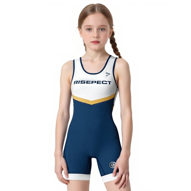 Girl's Wrestling Singlet – Navy Blue with White & Gold Trim