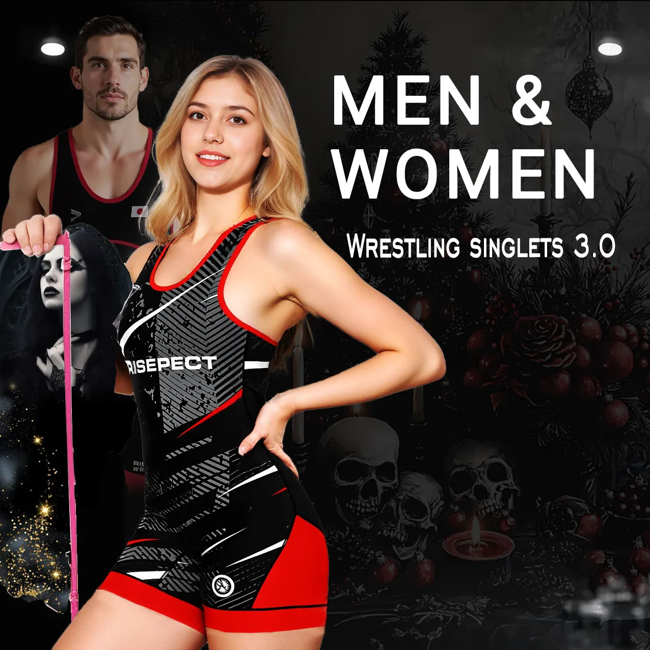 Men and women wrestling singlets 3.0 with gothic and Christmas
