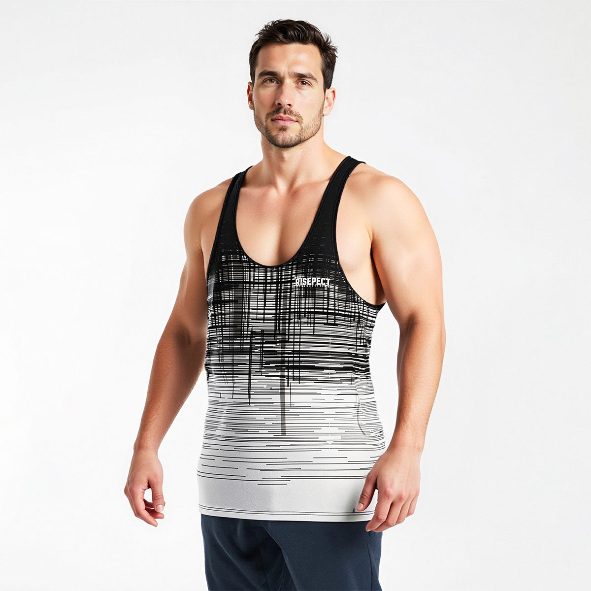 Male Model in Graffiti Print Mens Workout Stringers Tank Bodybuilding