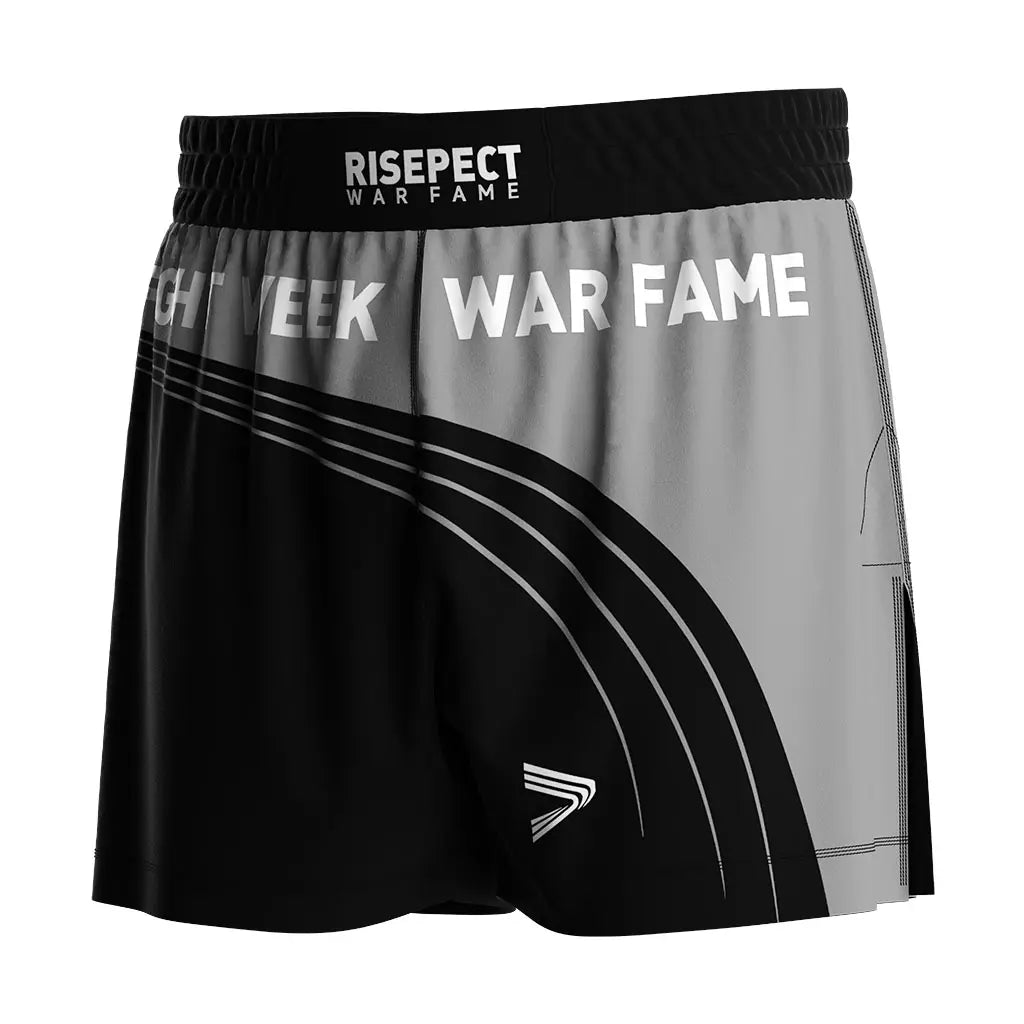 The Left Front View of Gray-black High Slit Fight Week BJJ MMA Hybrid Shorts