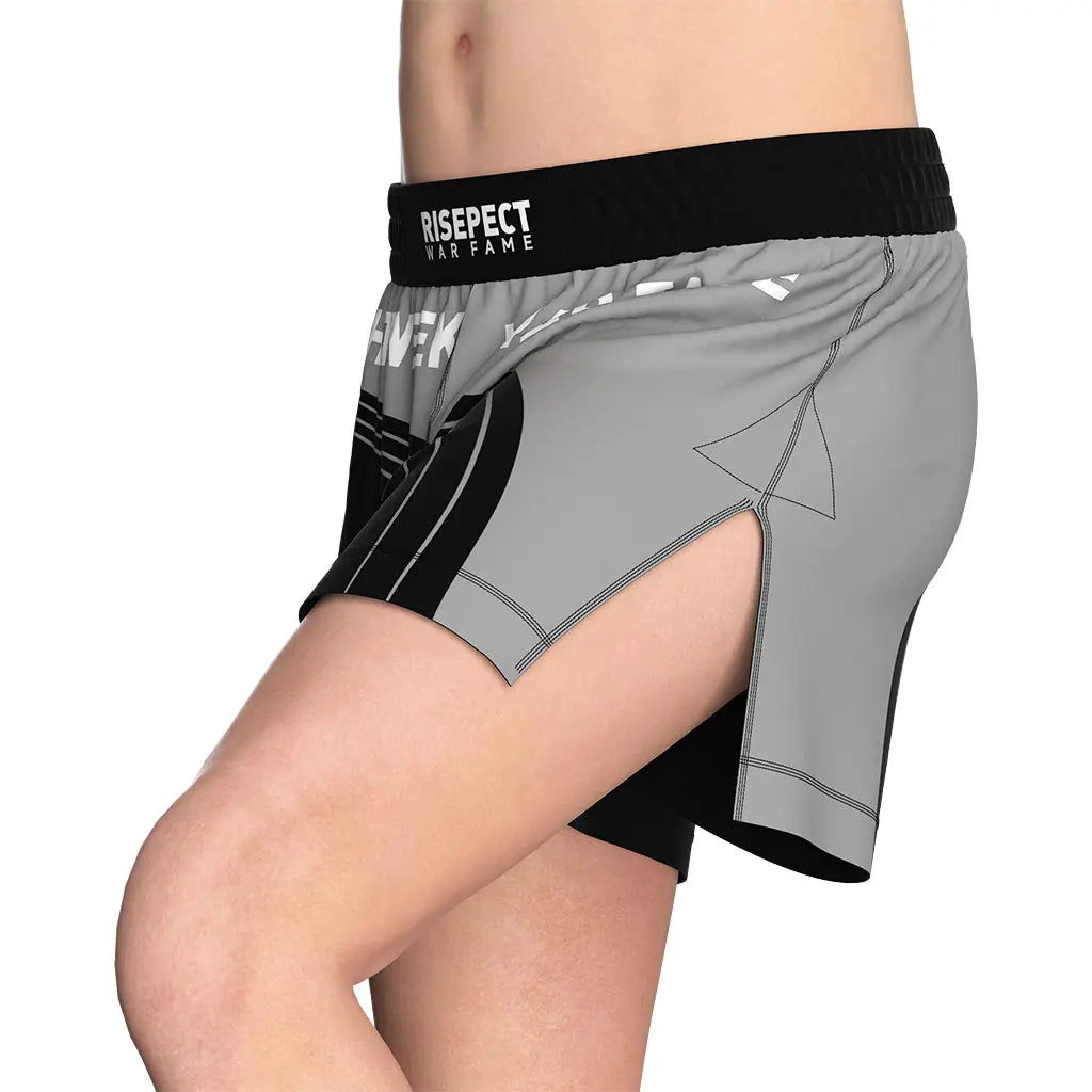 Male Model in Gray-black High Slit Fight Week BJJ MMA Hybrid Shorts Left Front View