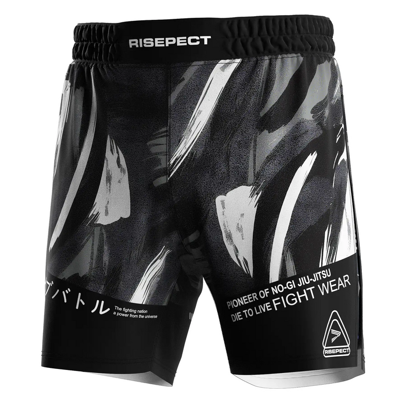 Gray Ink Brush High Split MMA Grappling Shorts With Compression Lining