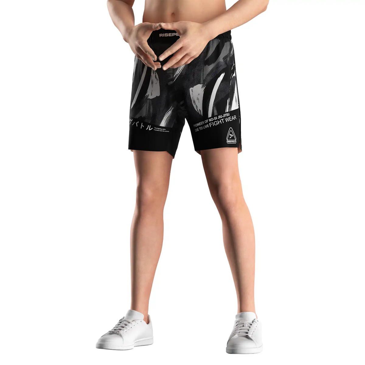 Gray Ink Brush High Split MMA Grappling Shorts With Compression Lining