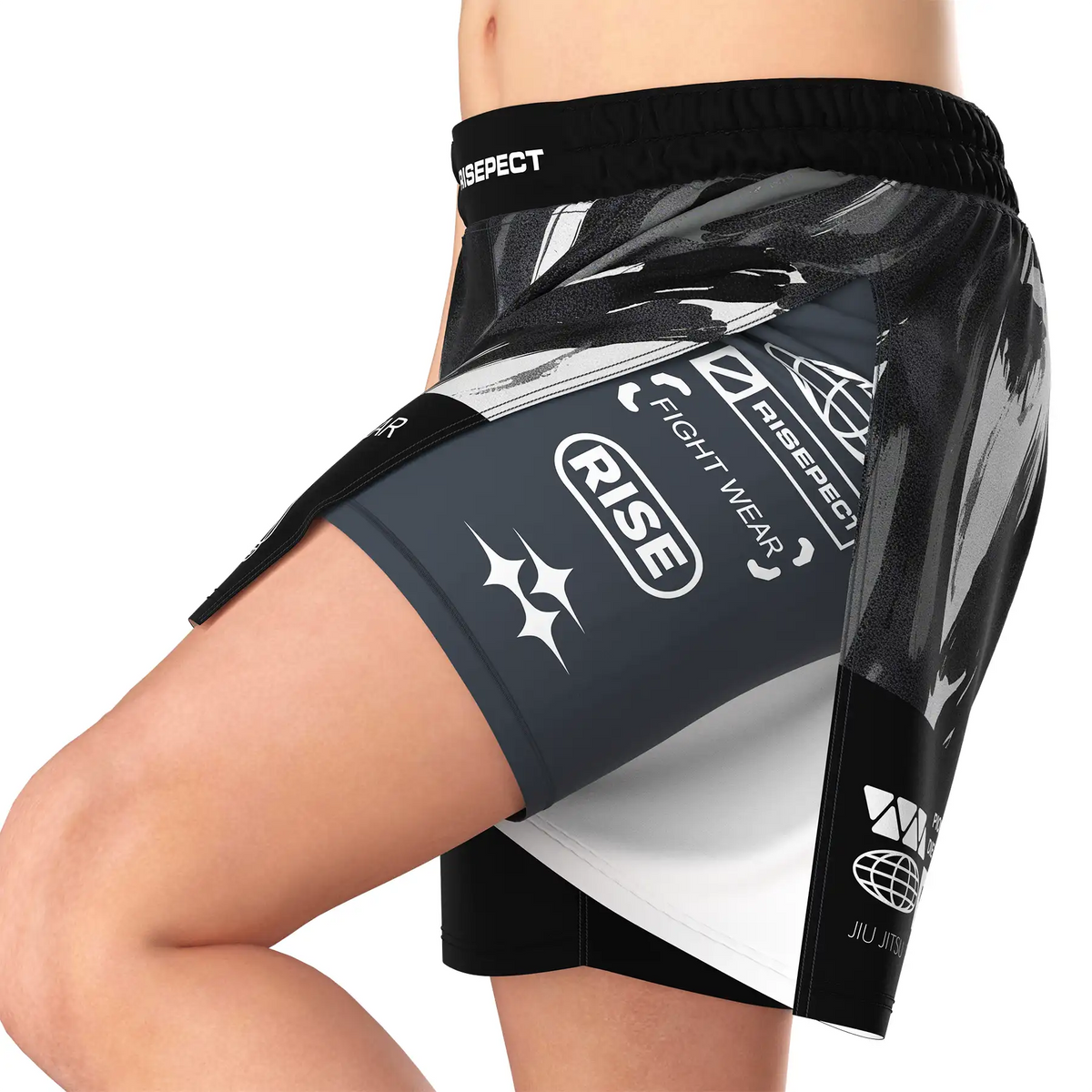 Gray Ink Brush High Split MMA Grappling Shorts With Compression Lining