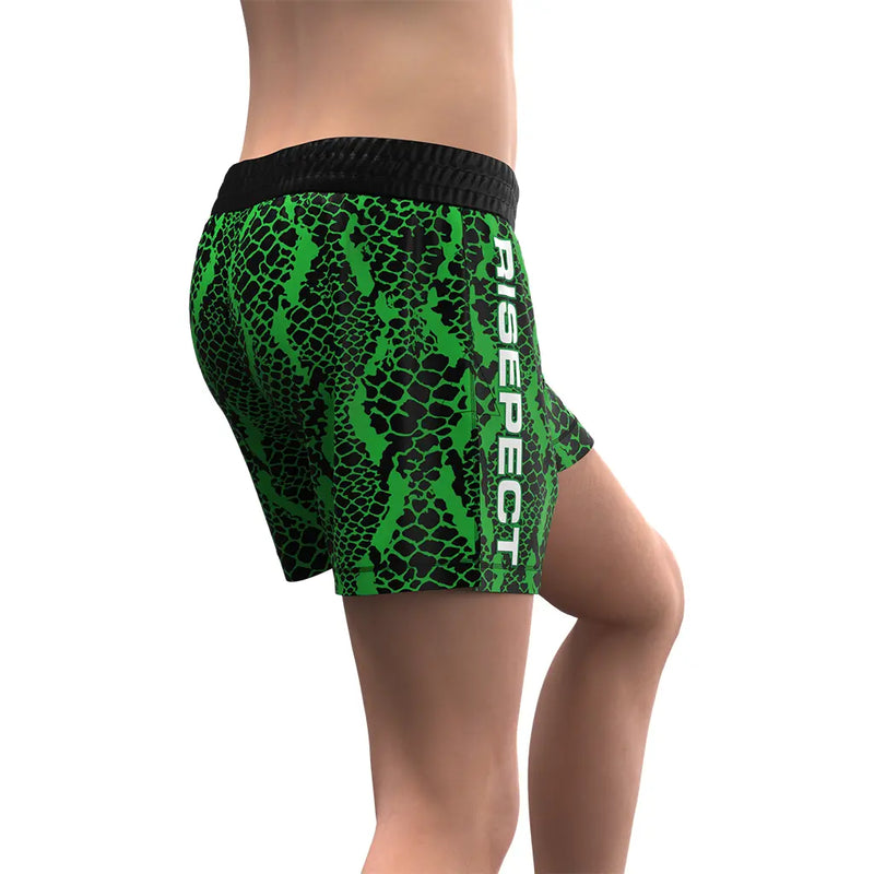 Male Model in Green High Slit Snakeskin BJJ MMA Hybrid Shorts Right Side View