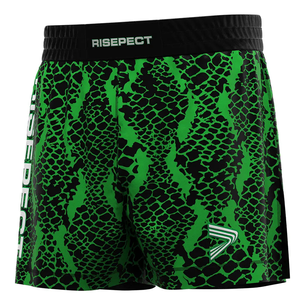 The Left Front View of Green High Slit Snakeskin BJJ MMA Hybrid Shorts