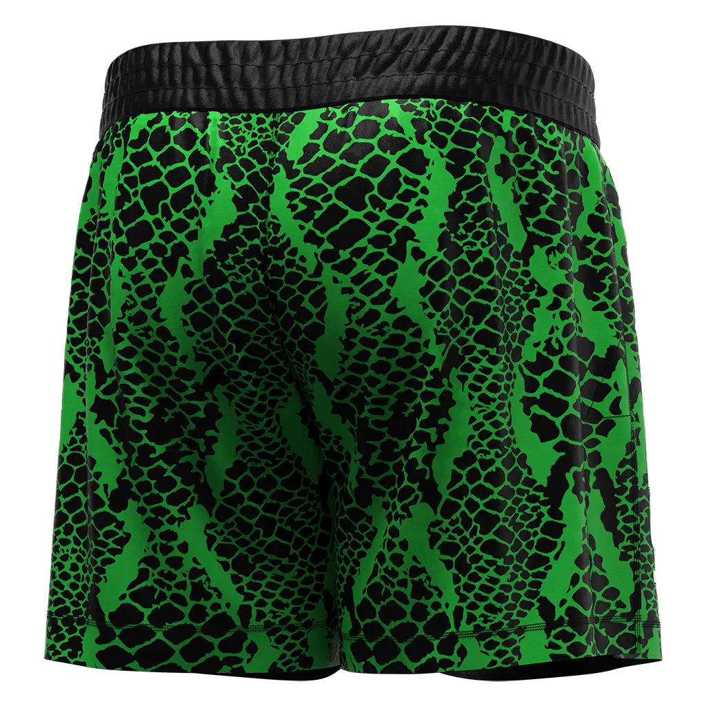 The Right Back View of Green High Slit Snakeskin BJJ MMA Hybrid Shorts