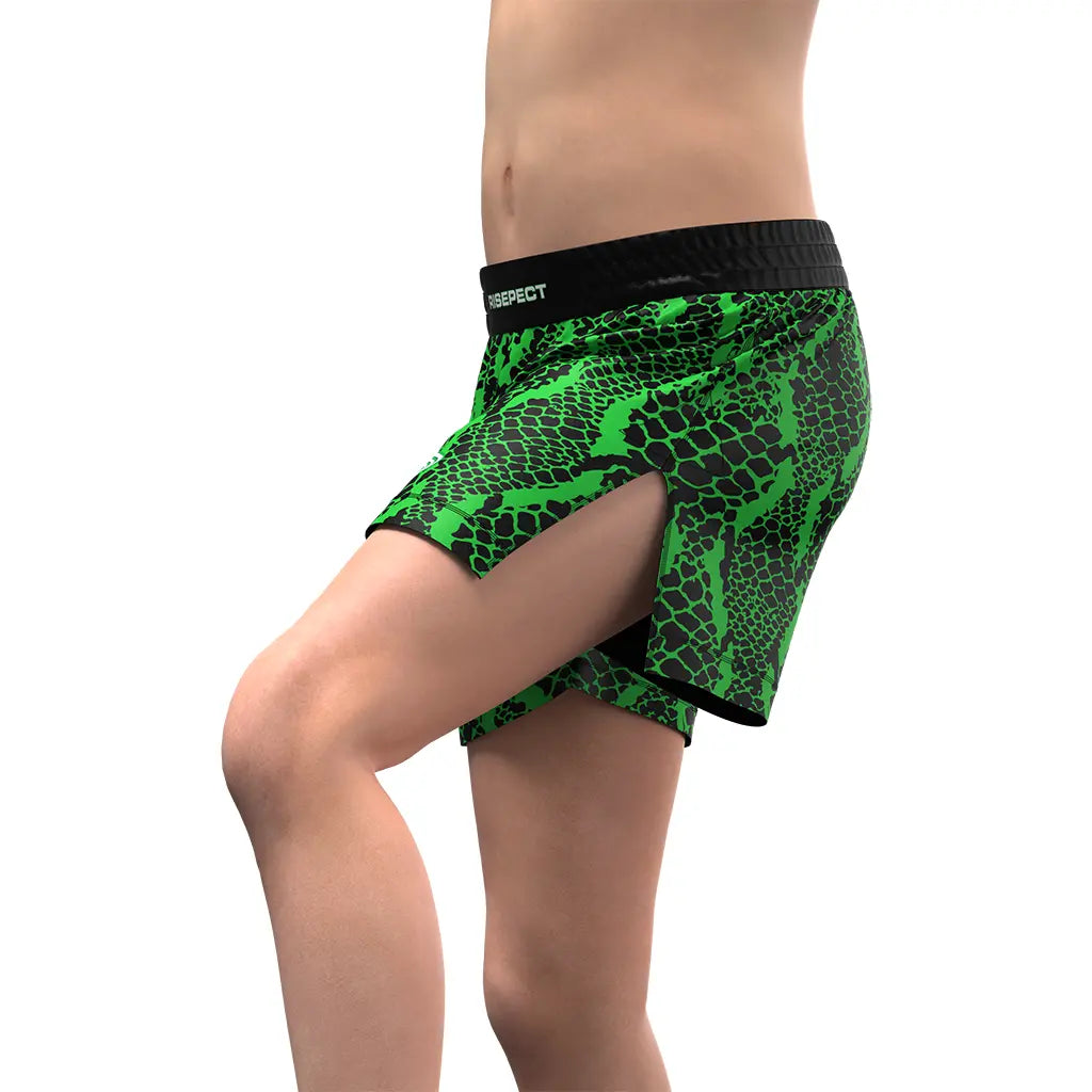 Male Model in Green High Slit Snakeskin BJJ MMA Hybrid Shorts Left Side View