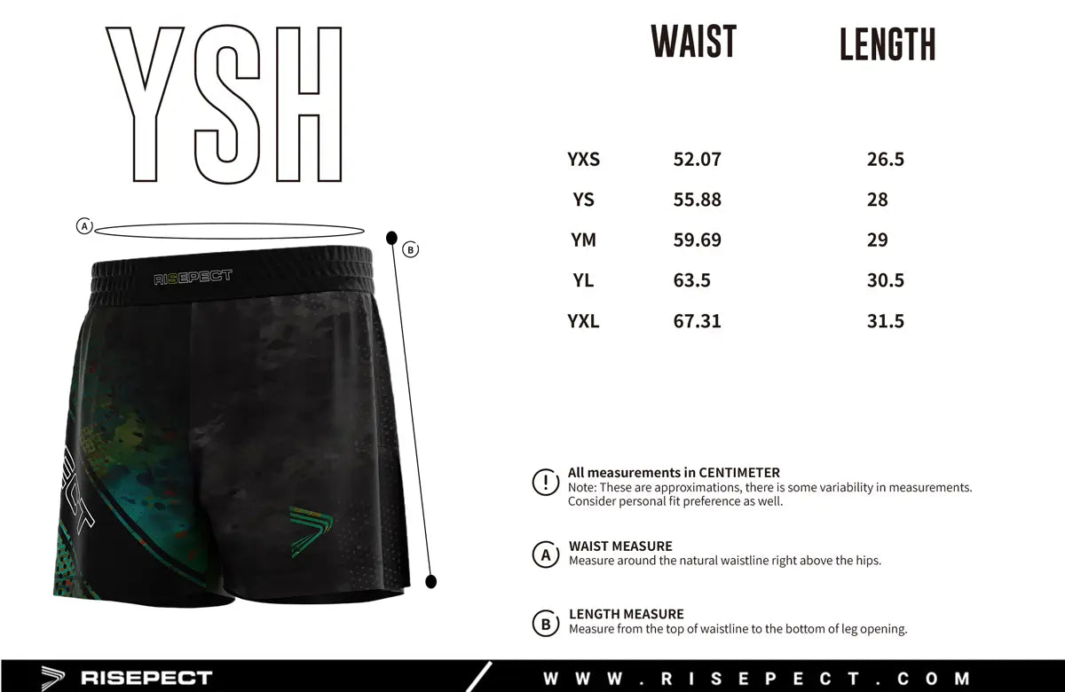 Kids Sizes Chart of Black High Slit Aurora Night Fight MMA BJJ Hybrid Shorts