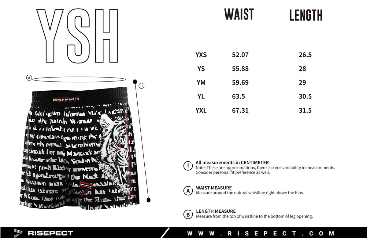 Kids Sizes Chart of Black High Slit White Tiger Head BJJ MMA Hybrid Shorts