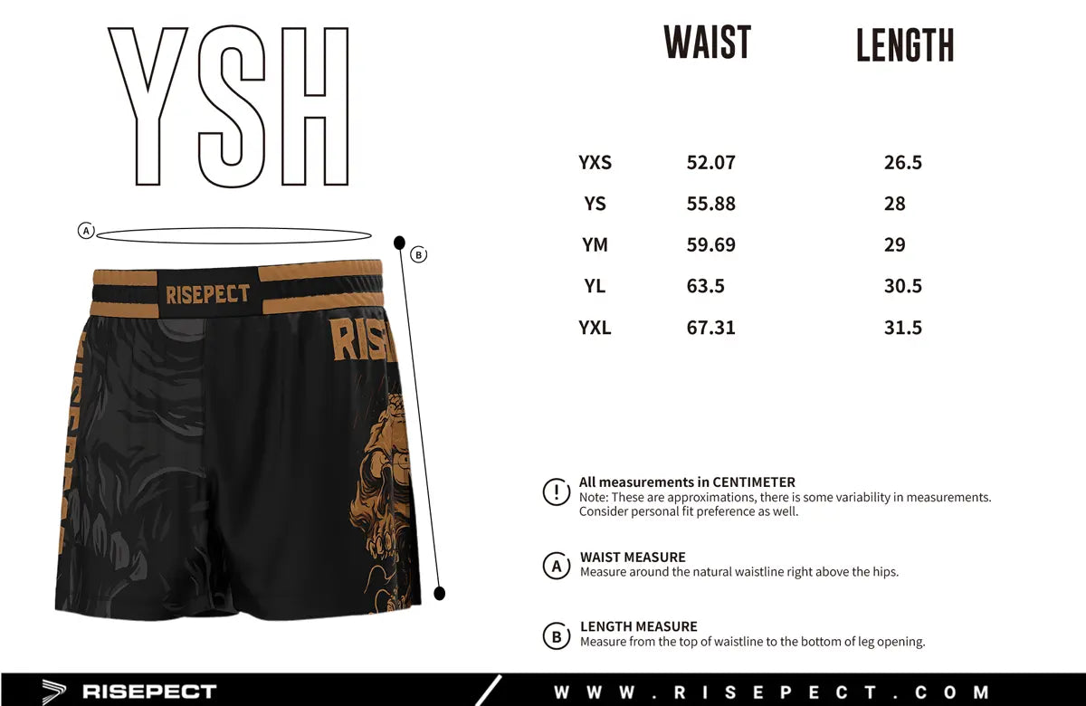 Kids Sizes Chart of Bright Brown High Slit Skull BJJ MMA Hybrid Shorts