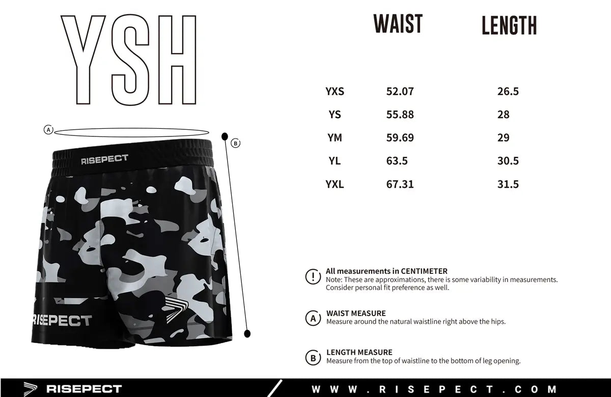 Kids Sizes Chart of Camo High Slit Stone Markings BJJ MMA Hybrid Shorts