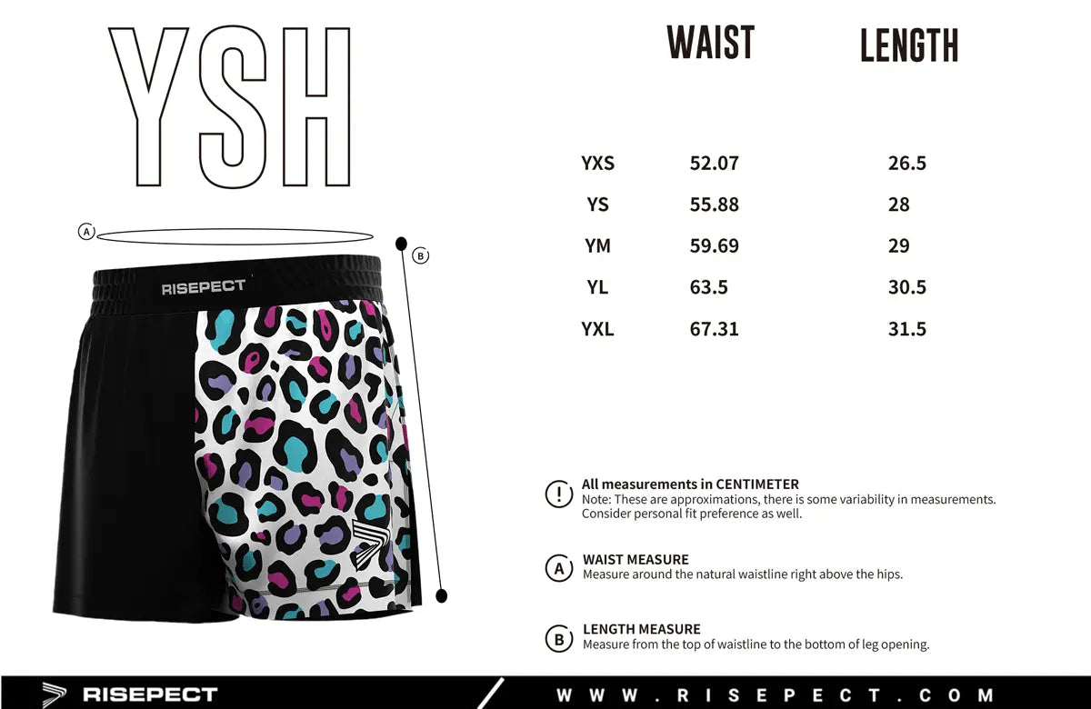 Kids Sizes Chart of Colorful High Slit Panther Pulse BJJ MMA Hybrid Shorts