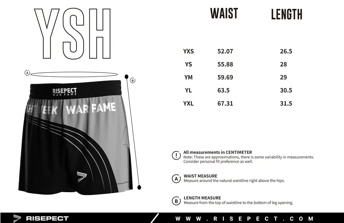 Kids Sizes Chart of Gray-black High Slit Fight Week BJJ MMA Hybrid Shorts