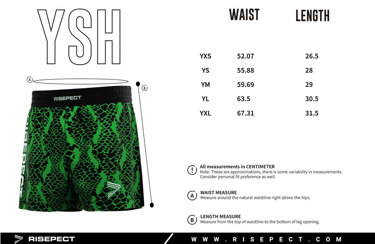 Kids Sizes Chart of Green High Slit Snakeskin BJJ MMA Hybrid Shorts