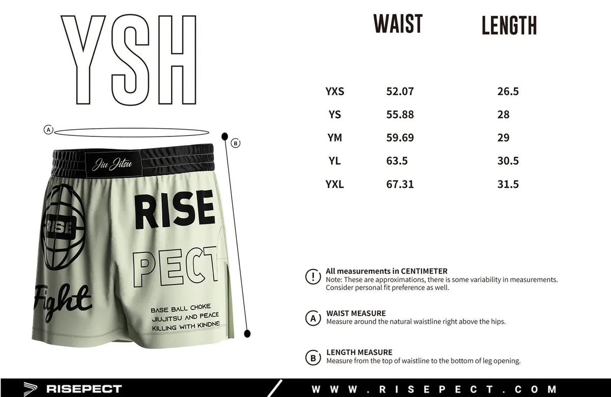 Kids Sizes Chart of Light Green High Slit Kindness & Choke BJJ MMA Hybrid Shorts