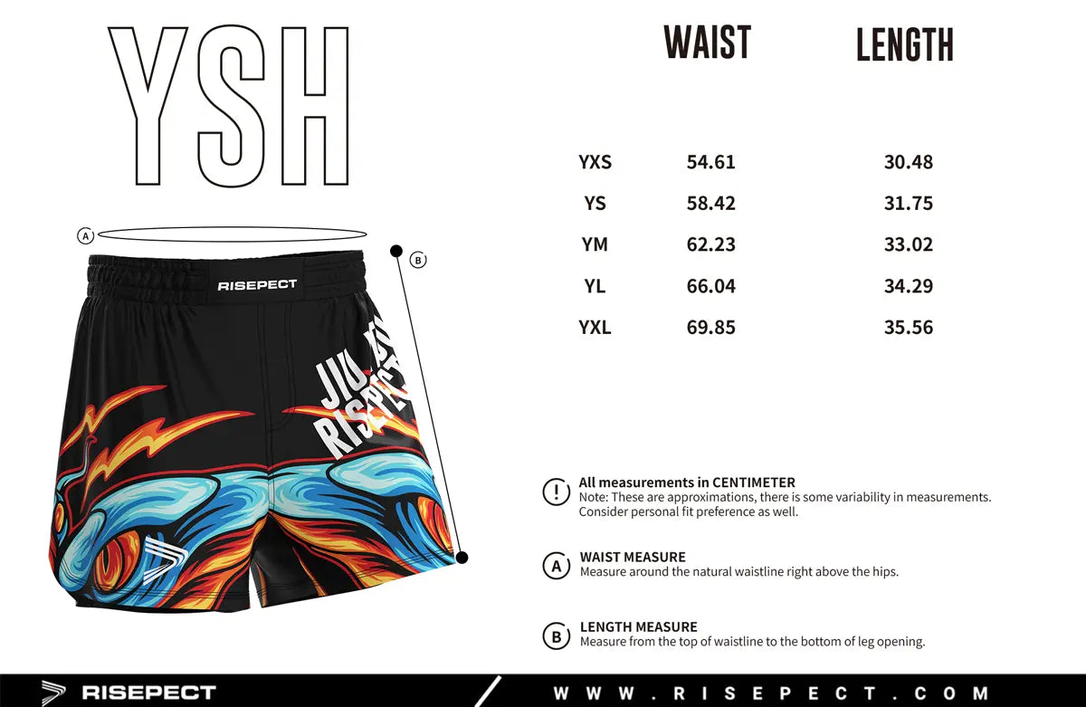 Kids Sizes Chart of No-Gi Element Clash Jiu Jitsu Shorts