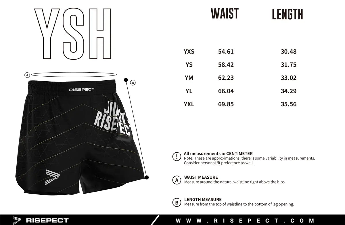 Kids Sizes Chart of No-Gi Hexflow Jiu Jitsu Shorts