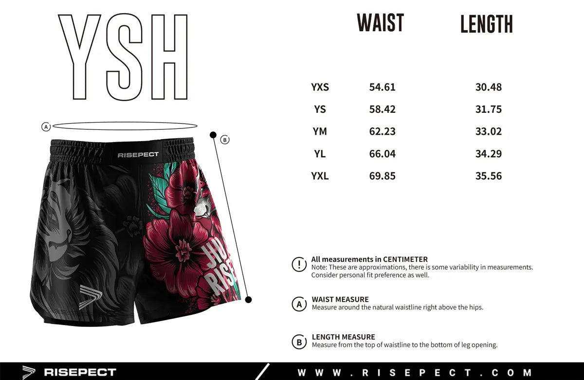 Kids Sizes Chart of No-Gi Rise & Rift Jiu Jitsu Shorts