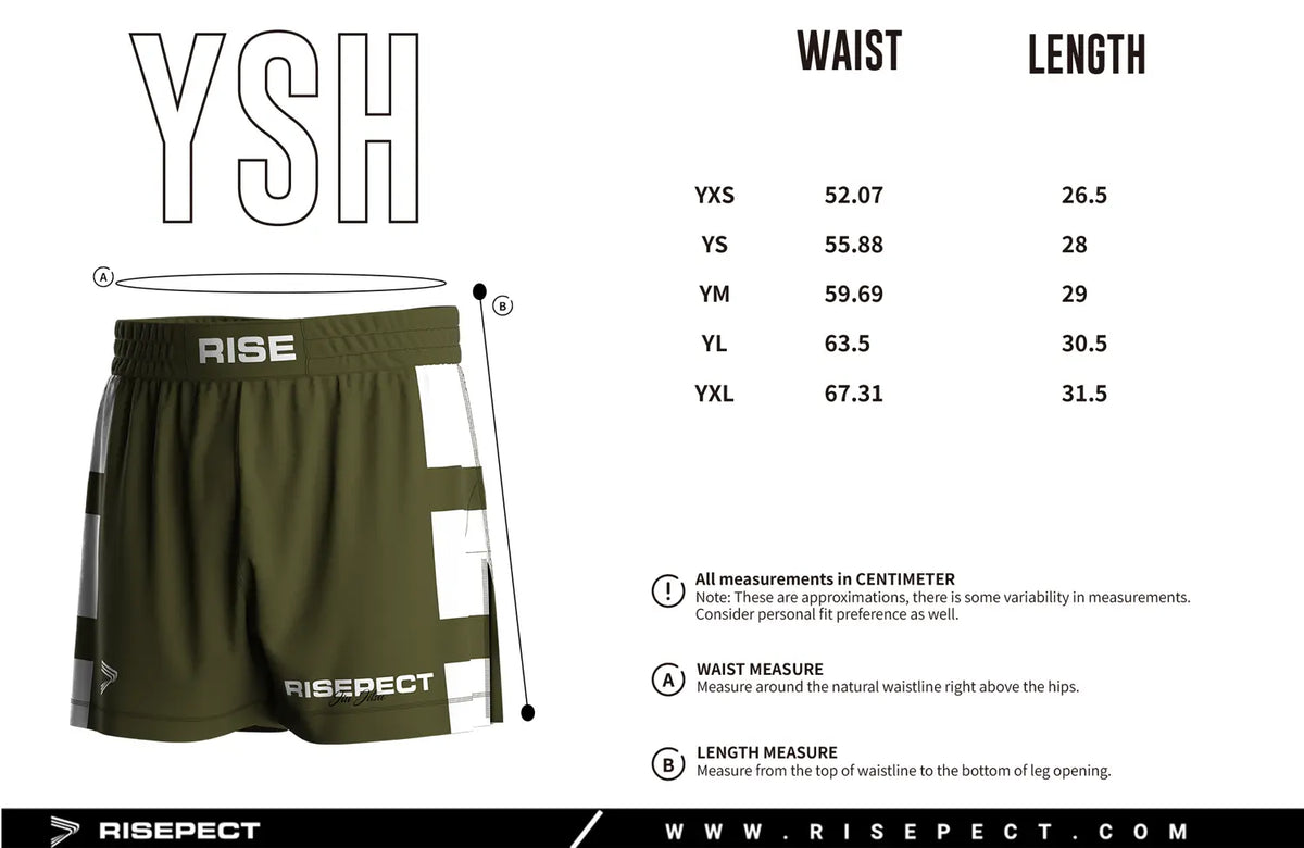 Kids Sizes Chart of Olive High Slit Tactical Flow BJJ MMA Hybrid Shorts